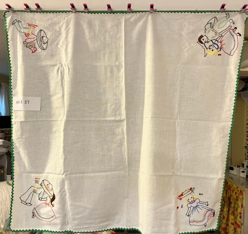 Vintage Cotton Hispanic-Theme Embroidered Tablecloth w/ Rick Rack Edging 34x37