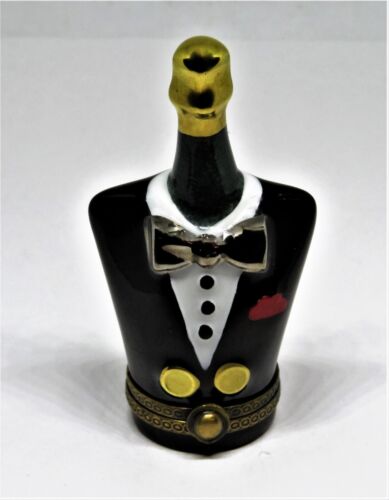 LIMOGES FRANCE BOX - CHAMPAGNE BOTTLE DRESSED IN A TUXEDO -WEDDING- ANNIVERSARY - Picture 1 of 6