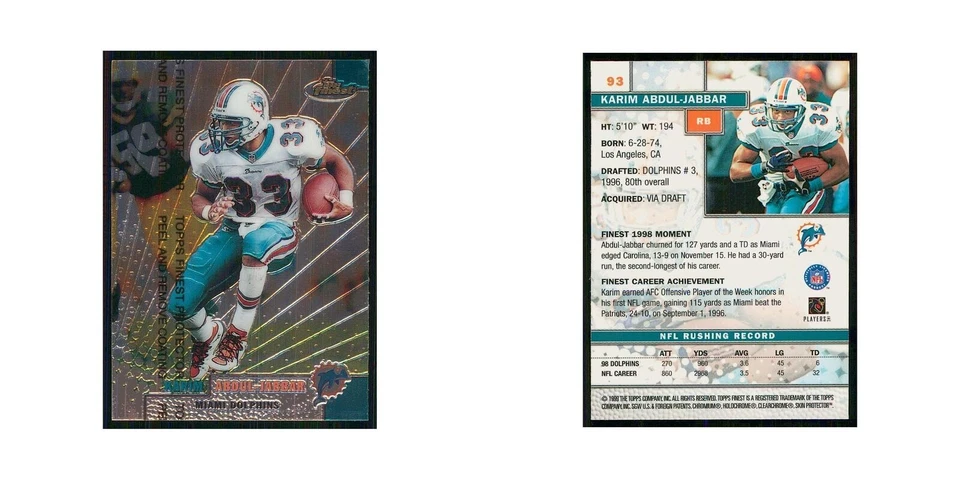 1999 Topps Finest w Coating Karim Abdul-Jabbar Dolphins #93 - Image 3 of 3
