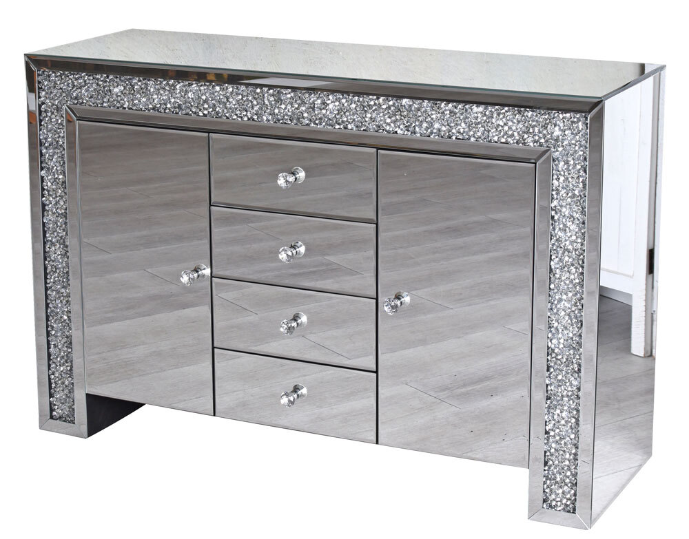 Commode Miroir XXL 120 Cm – Meuble En Verre Glamour, 6 Tiroirs, Style Hollywood, Neuf Sous Emballage