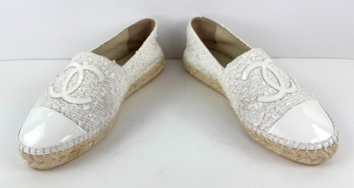 Chanel CC Auth 7 US 37 EU White Tweed Patent Logo Espadrilles Loafers Shoes Bag - Picture 9 of 14