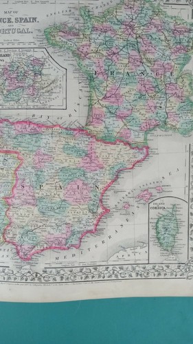 1867 Map of France, Spain and Portugal w maps of Switzerland & Corsica Antique - Picture 3 of 10