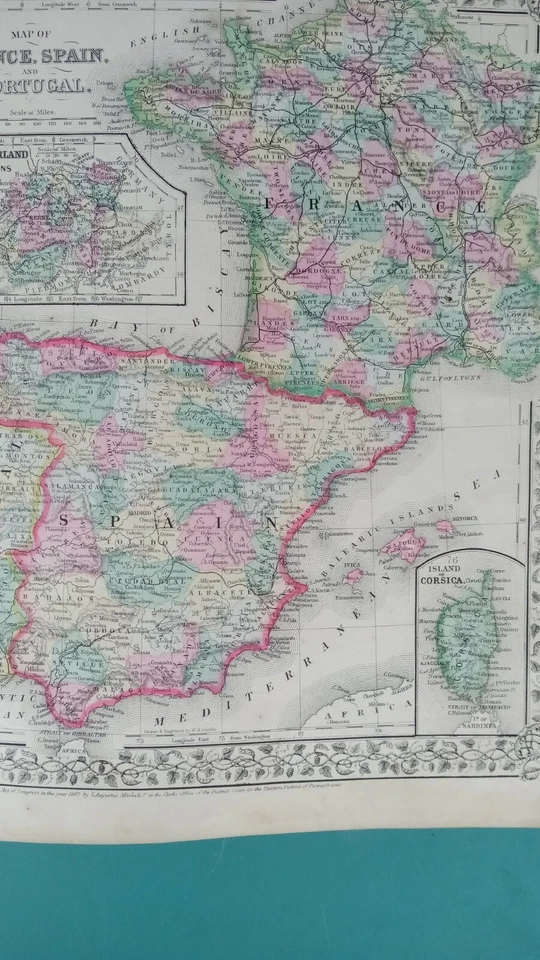 Mapa de Francia, España y Portugal 1867 con mapas de Suiza y Córcega Antiguo Foto 3 de 4