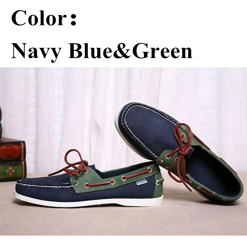 Men Genuine Leather Classic Boat Shoes Navy Blue Flats Loafer Casual Board Boots - Image 2 of 4