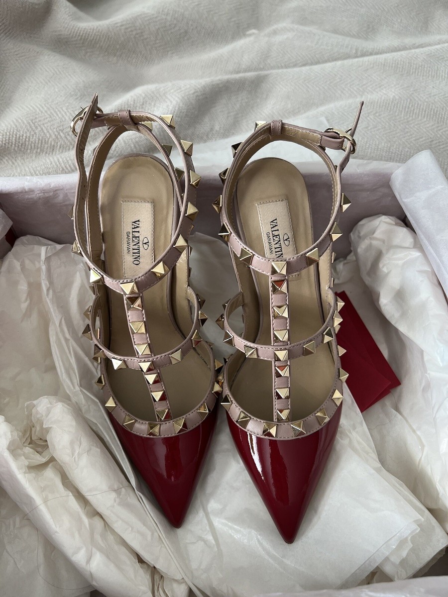 Pre-owned Valentino Rockstud sz 36 Patent Red Ankle Straps