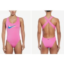 New NWT Nike Swim Multi Logo Pink Blue Women's Swimsuit One Piece Size Small