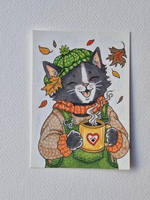 Original Cat ACEO RPG Fantasy Season9 Autumn Art Color Pencil OOAK Hand drawn