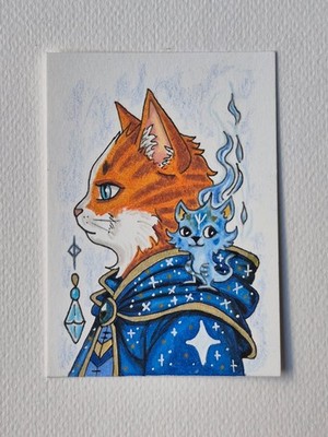 Original Cat ACEO RPG Fantasy Season7 Mage Art Color Pencil OOAK Hand drawn