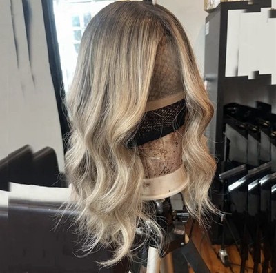 Ash Blond Dark Brown Wavy Lace Front Wig 16in Free-Part Fashion Women