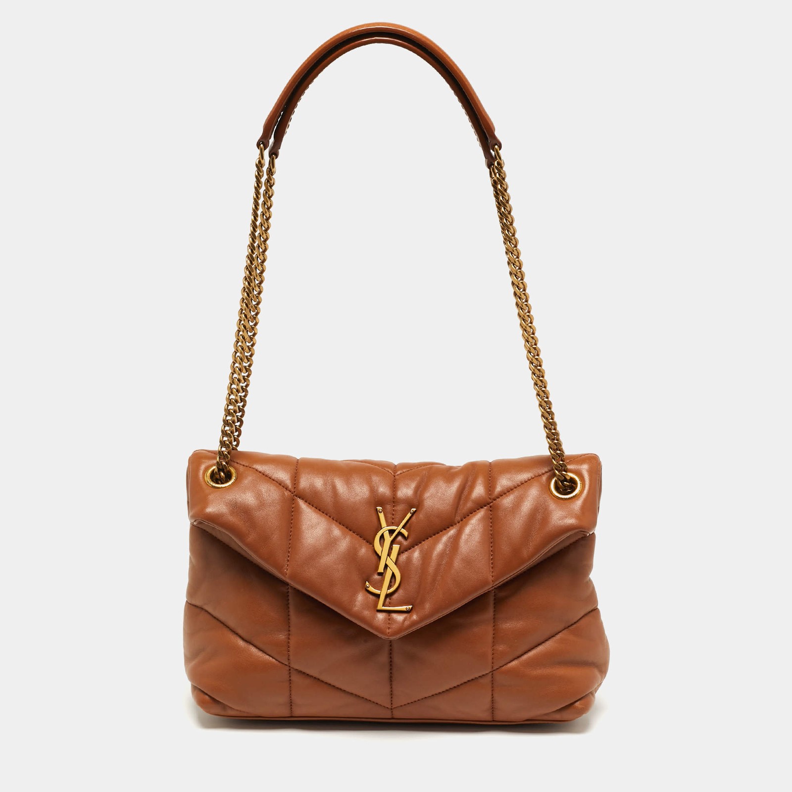 Saint Laurent Loulou Puffer Small Brown Chevron Leather Shoulder Bag