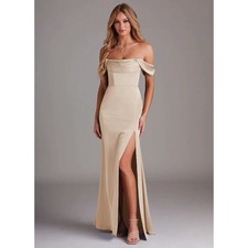 Azazie Kendall Kylie Saige Stretch White Sheath Off Shoulder Satin Dress Sz 8