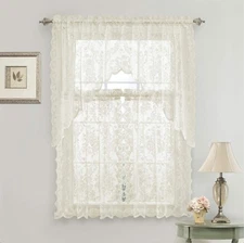 Lena Floral Lace Complete 3 Pc. Cottage Kitchen Curtain Tier & Swag Valance S...