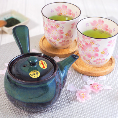 Japanisches Teeservice Grünglasur Tokoname Kyusu Teekanne 380ml & Sakura Yuno...