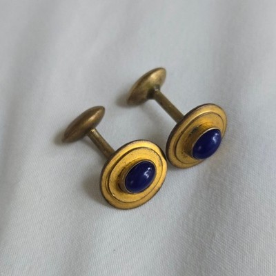 VTG Blue Glass Cabochon Cufflinks Mens Gold Oval Antique Art Deco USA Unbranded