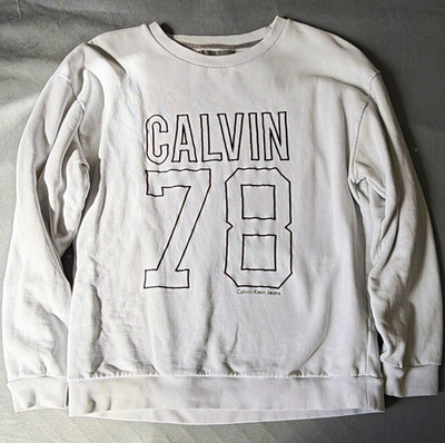 Calvin Klein Herren Pullover L Weiß Rundhals Langarm Baumwolle Logo-Gestickt