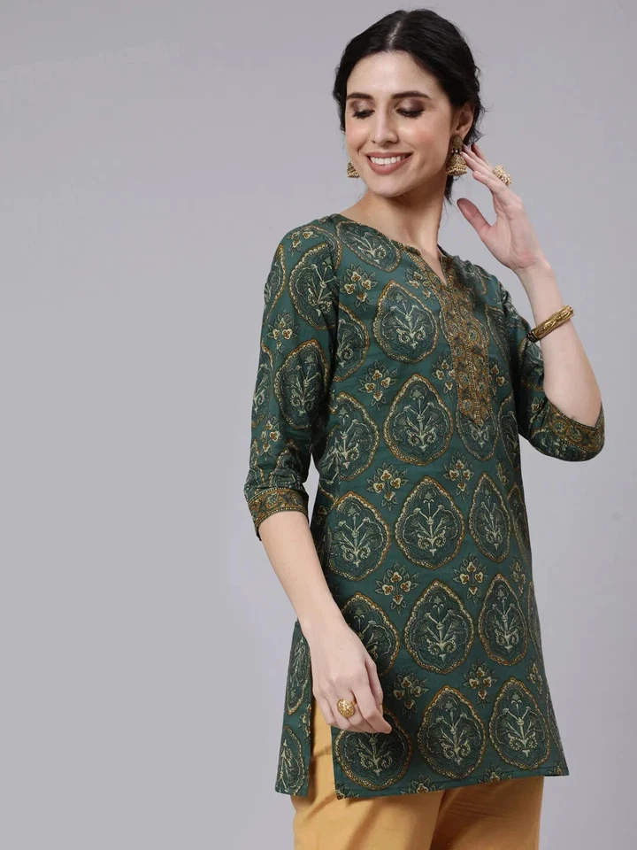 Nuevo vestido túnica estampada floral de algodón verde y marrón indio para mujer Kurta Kurti Foto 3 de 4