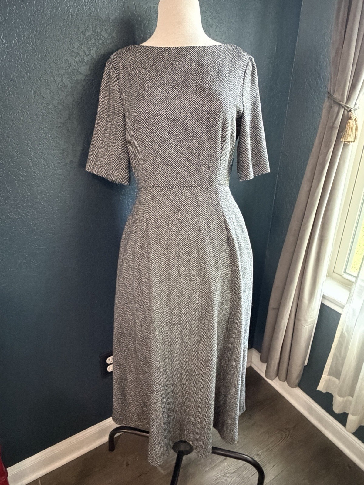 Zara Women Black White Herringbone Fit And Flare Midi Dress Sz Medium