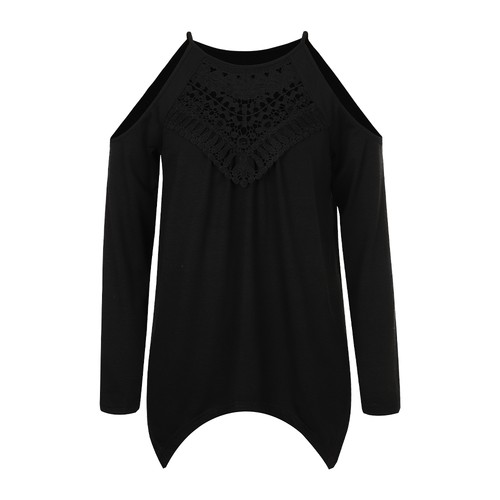 Women Lace Boho Cold Shoulder Tunic Tops T-Shirt Long Sleeve Casual Loose Blouse - Picture 10 of 16