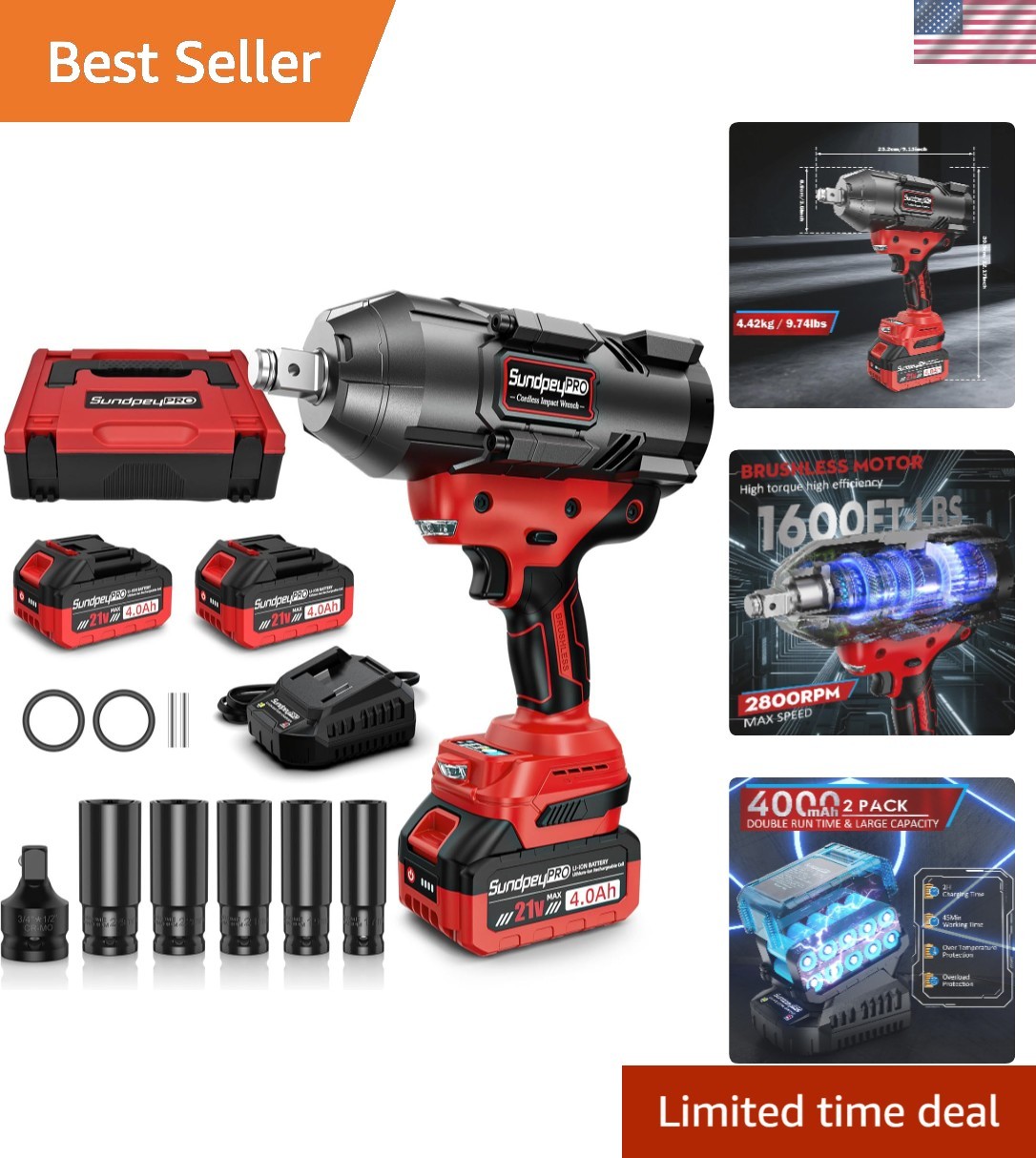 2100N&middot;m High Torque Brushless Impact Gun with 5 Sockets & Case for Professionals