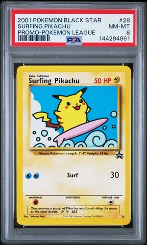 2001 POKEMON PROMO BLACK STAR POKEMON LEAGUE #28 SURFING PIKACHU PSA 8