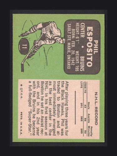 1970 Topps Phil Esposito #11 Boston Bruins EX-MT+ - Imagen 2 de 3