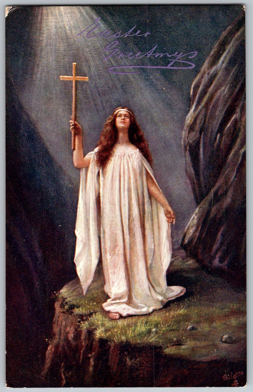 Antique Postcard Woman Holding Cross England 1910s