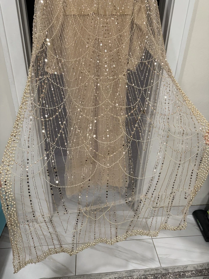 Vestido Champagne EE. UU. Talla 16 Con Velo Elegante Brillante Cuentas Hecho a Mano Foto 4 de 4