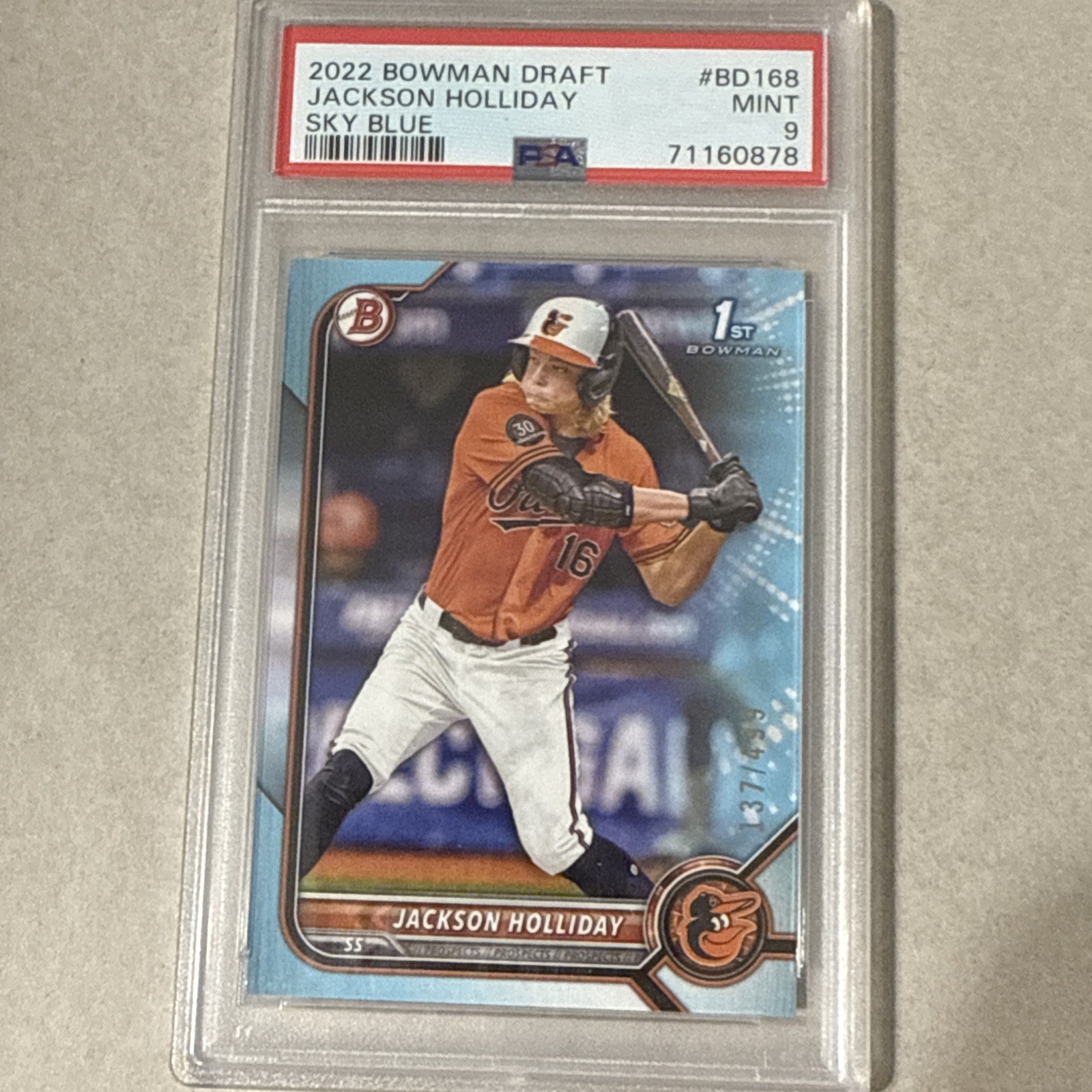 JACKSON HOLLIDAY 2022 Bowman Draft 1st  Sky Blue /499 PSA 9 MINT ORIOLES