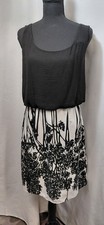 Alya Black White Floral Sleeveless Short A-Line Dress Chiffon Women's M