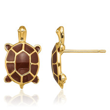 14K Solid Yellow Gold Brown Turtle Stud Earrings