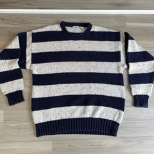 Vintage 417 Mens Sweater By VAN HEUSEN XL Hand Knit Chunky Knit Striped Navy