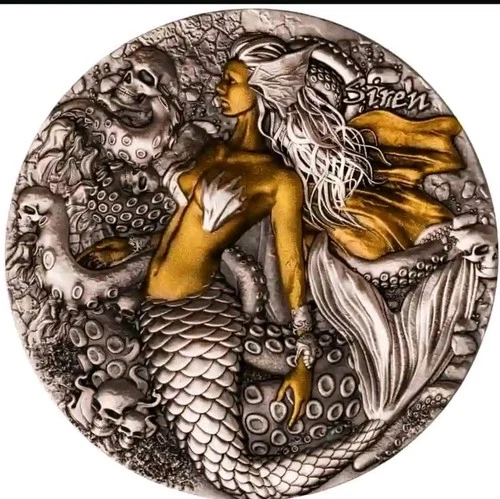 2 OZ .999 PURE SILVER SIREN CAMEROON ROUND BULLION COIN GIRL MERMAID HIGH RELIEF