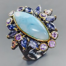 Jewelry ring 22 ct Natural Larimar Ring 925 Sterling Silver Size 7.5 /R438284