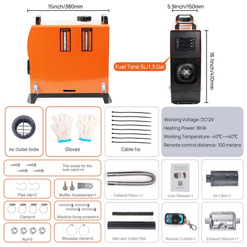 PORIYA 12V 8KW Diesel Air Heater All-in-one Bluetooth App LCD for Car RV Indoors - Picture 15 of 19