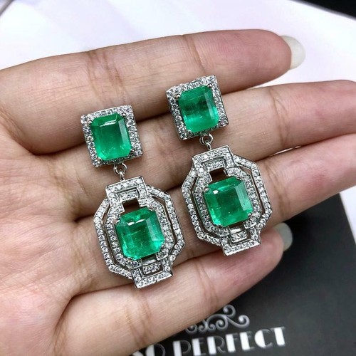 Colombian 39.48ct Green Emeralds With Round Zircon Dangle Drop Vintage Earrings - Photo 4 sur 6