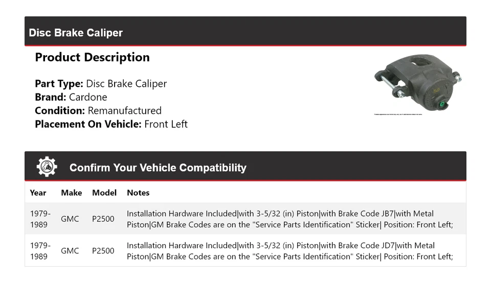 For 1979-1989 GMC P2500 Disc Brake Caliper Front Left Cardone 1980 1981 1982 - Image 2 of 4