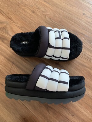 【Anyone more】Nerds Platform Ugg Fur Slipper Sandals UGG Maxi Slide Logo Black Furry Sandals 9 | eBay