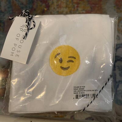 House of Pom 6 Assorted Embroidered Emoji Cloth Cocktail Napkins Popsugar NWT 