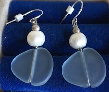 SEA GLASS and Cultured PEARL Artisan Earrings Pale Blue Dangle Hook