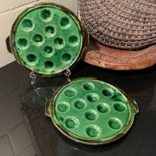 2 Vallauris France Green Majolica 12 Well 8 1/2" Handled Escargot / Snail Plates