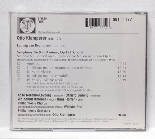 OTTO KLEMPERER - BEETHOVEN Sinfonie Nr.9 - TESTAMENT CD NM - Bild 2 von 2