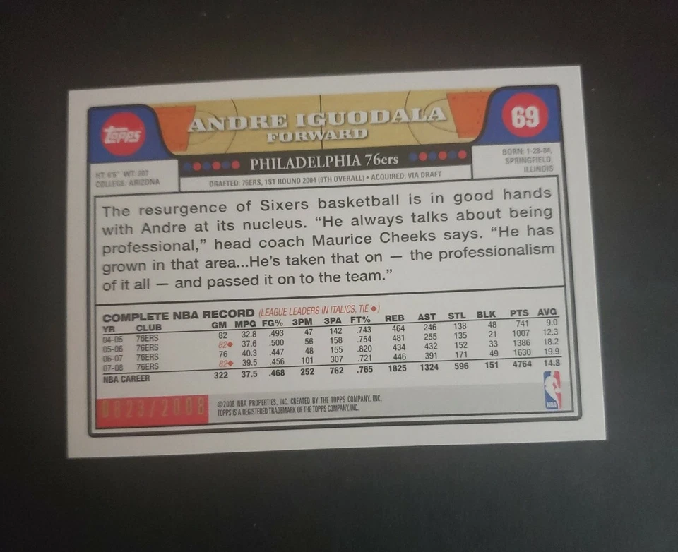 2008-09 Topps Gold Border /2008 Andre Iguodala #69 - Image 2 of 2