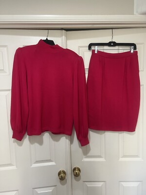 DEFECT St John Red Textured Knit Piece Peplum Skirt Suit Set