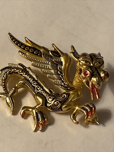 Pin Brooch Dragon With Wings Damascene? Spain? Enamel Vintage