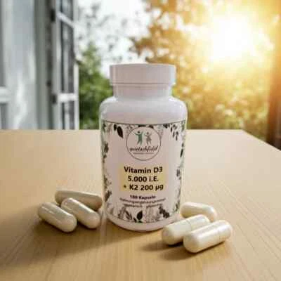 QUIETSCHFIDEL GESUNDHEIT UND MEHR GMBH Vitamin D3 5.000 I.E + Vitamin K2 200 mcg MK7 alle 5 Tage 1 Kapsel 5000 IE