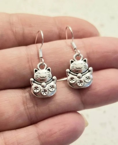 Lucky Cat Earrings Maneki Neko Lucky Cat Jewelry Silver Lucky Cat Earrings - Picture 4 of 7