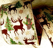 Christmas Woodland Winter 2.5" x 5 yards Wired Ribbon Deer Scene Wreath Bow NEW