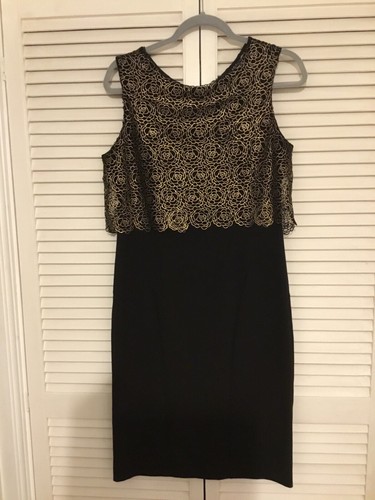 WALLIS Black/Gold Stretch Dress Size 12 (12/14)