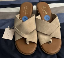 Womens Size 7.5 Italian Leather Chunky Heel Toe Slide Sandals Cruise Resort Wear