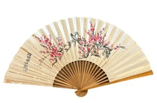 Extra Large Vintage Hand Painted Signed Chinese Folding Bamboo Wall Fan Birds